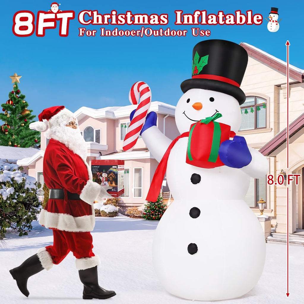 8 FT Christmas Inflatables Snowman and Gift Box with Built-in Music & 360° Rotation Colorful Projector LED Light