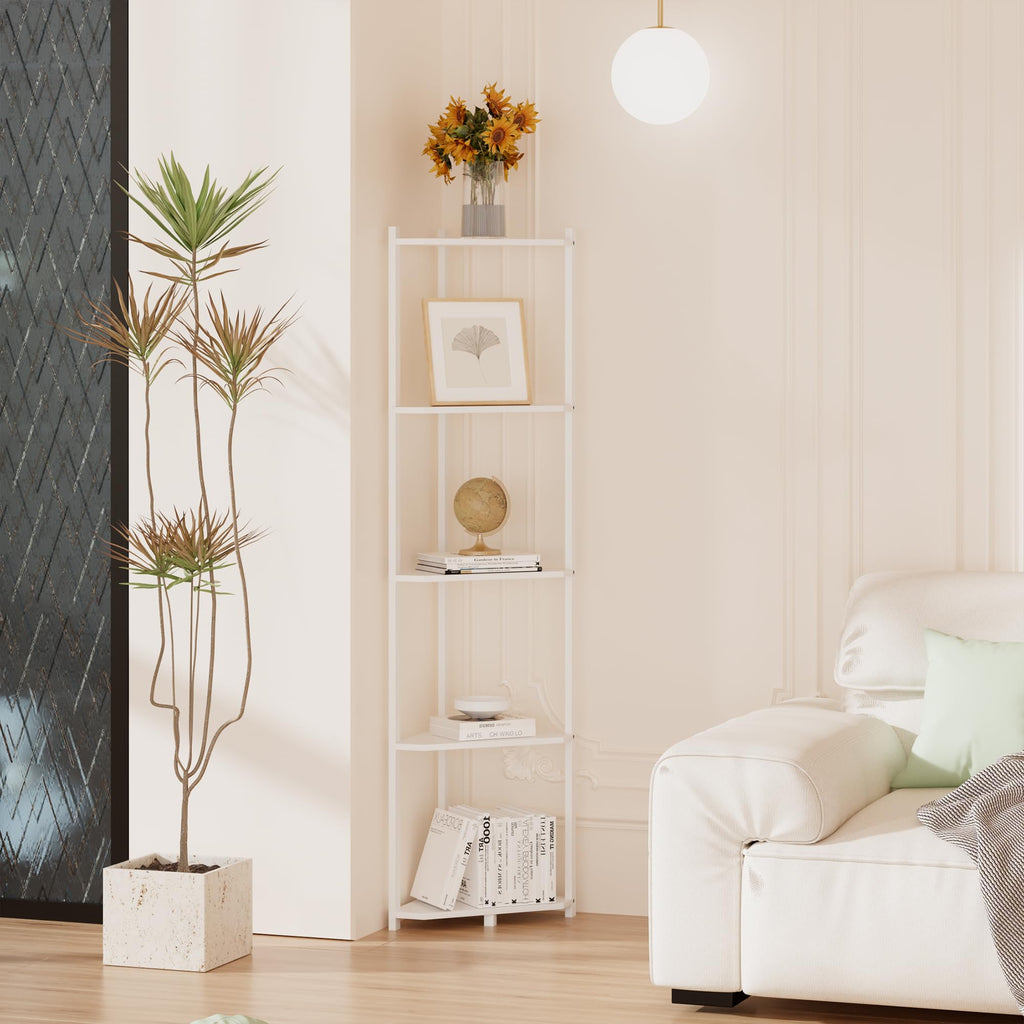 Bamboo Tall Corner Shelf Stand, 5-Tier White Corner Bookshelf