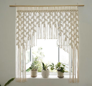 Macrame Valance Curtain 33.4x43.3Inch Farmhouse Boho Curtains Lvory Color Leaf Tassels Macramé Wall Curtain Macrame