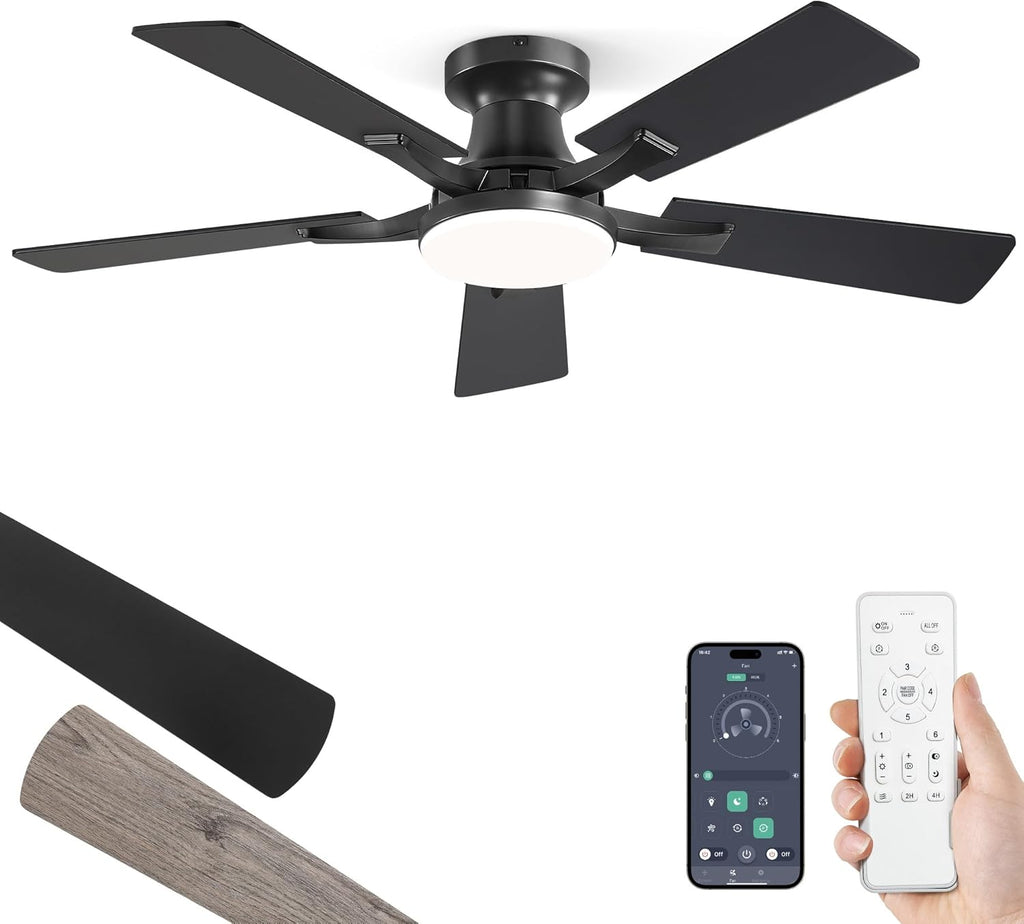 42 Inch Ceiling Fan with Light, App&Remote Control, Flush Mount Low Profile, Dimmable 20W LED Light, Quiet Reversible Motor for Bedroom, Living Room, Apartment, Black A101-B0F8B7CFP5