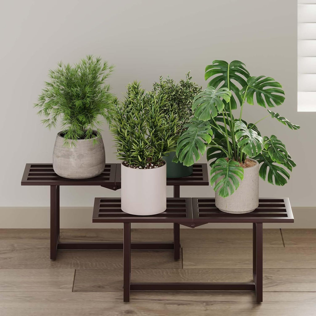 Plant Stand Indoor Outdoor, Foldable Metal Plant Shelf for Multiple Pots, Mid Century Slatted Bench Garden, Heavy