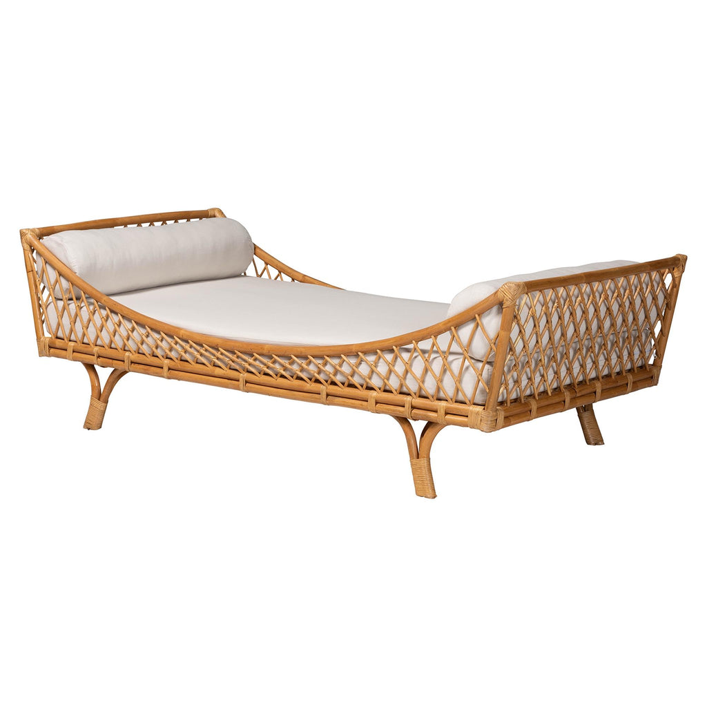 Akemi Handwoven Natural Rattan Daybed with Cushion - Boho Coastal Lounge Bed, or Sunroom