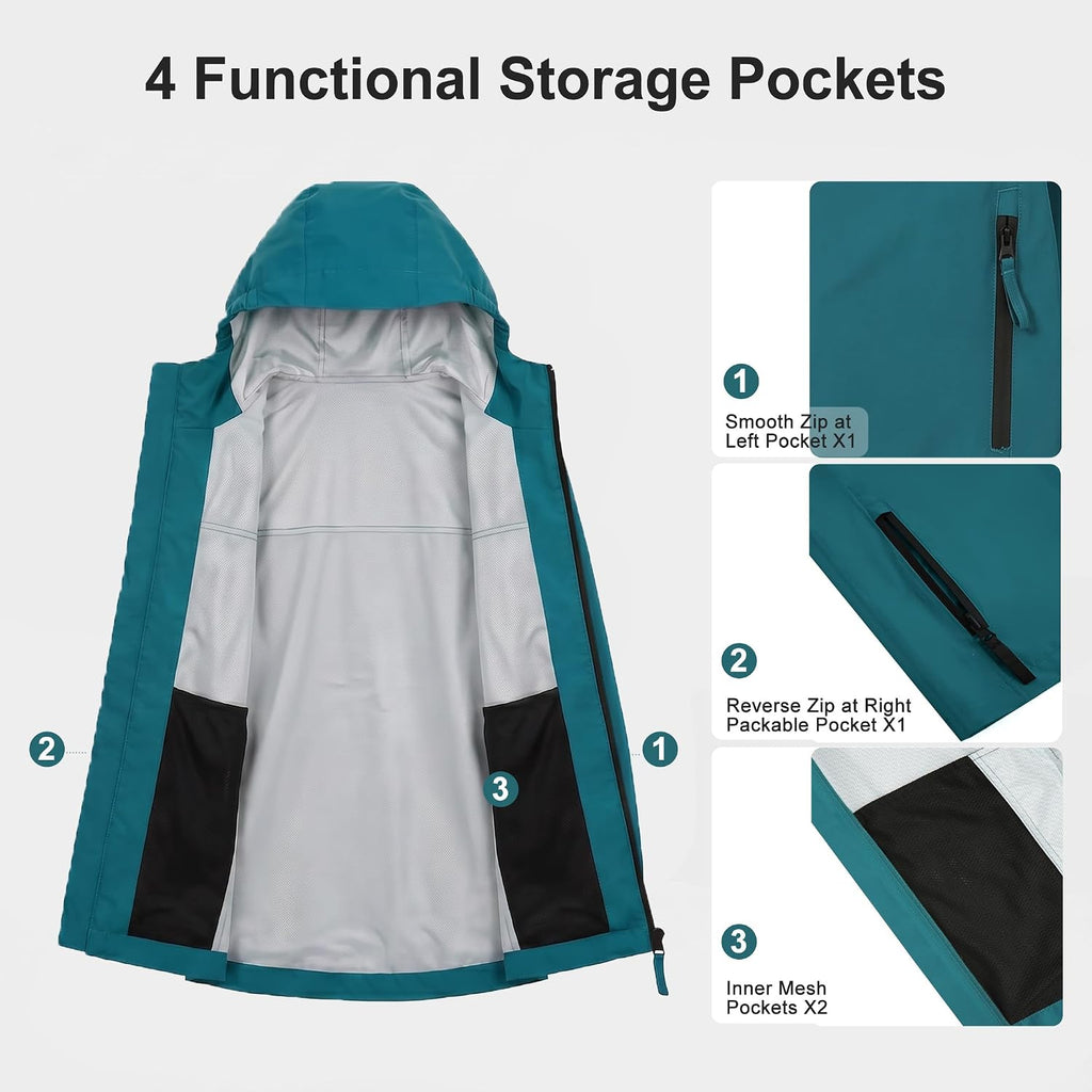 Kids Rain Jacket 20000mm Waterproof Boys Girls Packable Hooded