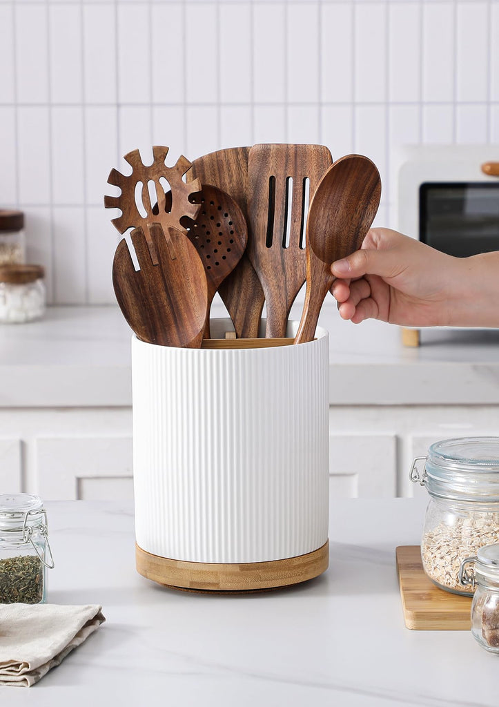 7.5" Utensil Holder, 3 Compartment Ceramic Kitchen Utensil Holder with Cork Bottom, Large Utensil Crock