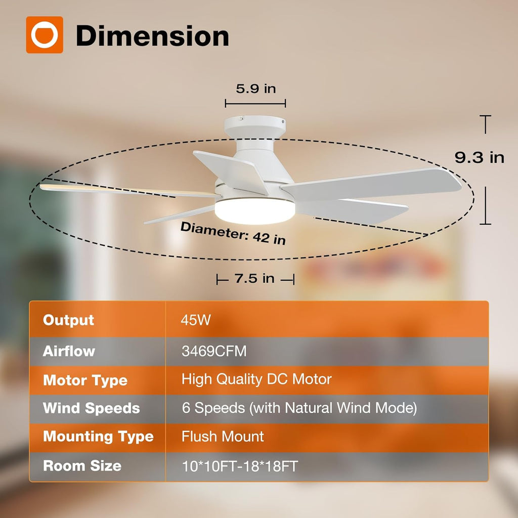 Ceiling Fans with Lights, 42 Inch Low Profile Ceiling Fan with Light And Remote Control, Flush Mount, Reversible, 3CCT, Dimmable, Quiet, White Small Ceiling Fan for Bedroom Indoor/Outdoor Use A103-B0CLNM7VLQ