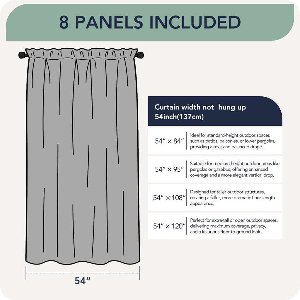 Black Outdoor Curtains Waterproof, 8 Panels, Rod Pocket | Weatherproof & Privacy Drapes, Outside Curtains for Gazebo