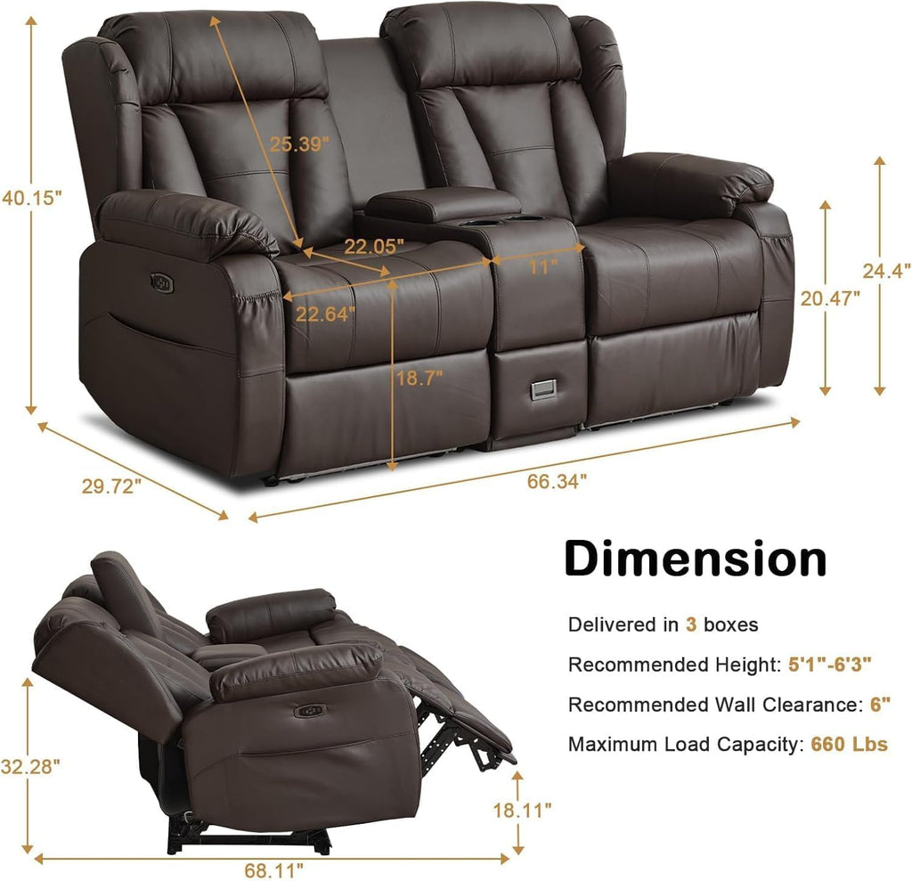 Power Loveseat Recliner Sofa, Home Theater Seating with Console，Reclining Loveseat Sofa RV Couch with LED Lights