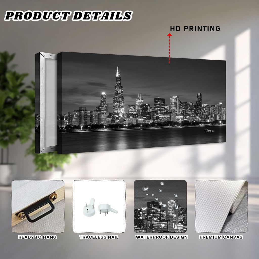 Chicago Skyline Wall Black and White City Canvas Prints Modern Cityscape Painting Posters Chicago City Center Night