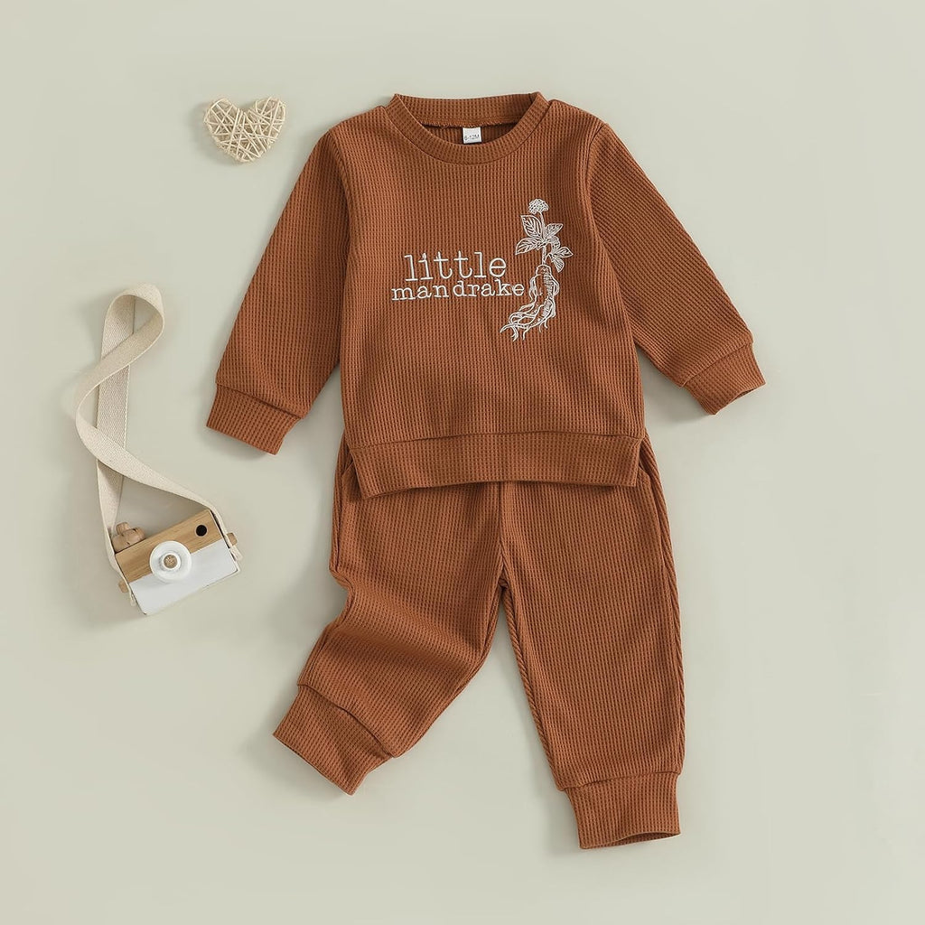 Toddler Baby Boy Girl Fall Outfit Letters Embroidery Long Sleeve Waffle Knit Sweatshirt and Pants Set