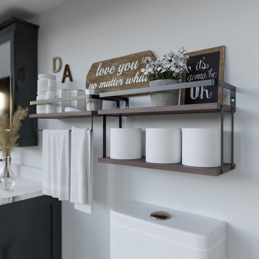 2+1 Tier Wall Mounted Floating Shelves Set of 2, Rustic Wood Shelf with Metal Frame, Extra Storage Rack with Tissue