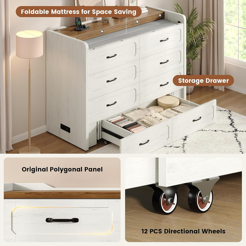 Queen Murphy Bed with 4" Trifold Mattress, Farmhouse Murphy Cabinet Bed with Storage Drawers, Charging Station &