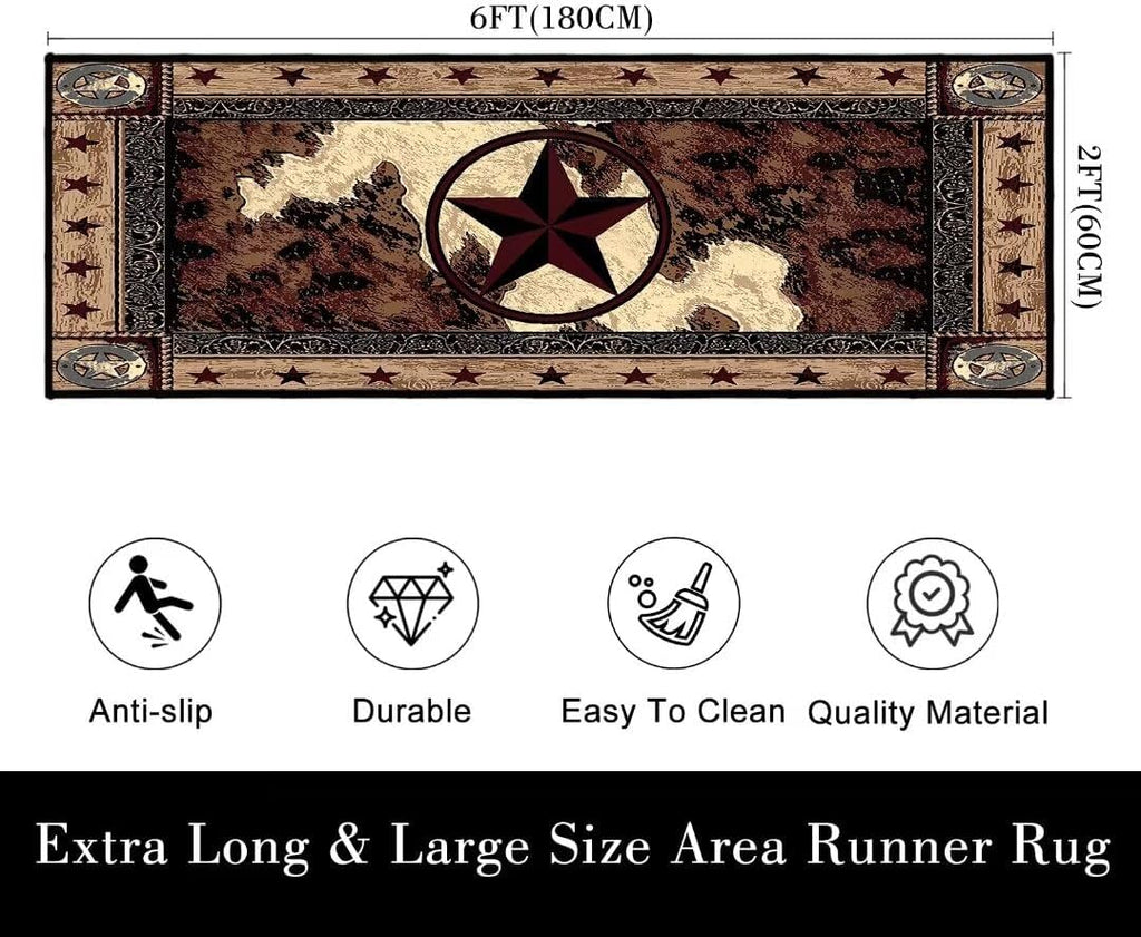 Western Rugs Western Runner Rug 2x6,Texas Star Vintage Style Stars,Rustic Throw Accent Area Rug Non Slip Washable Rug