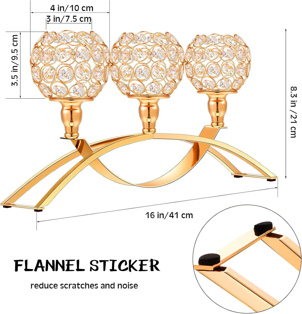 Set of 3 Pieces Gold Crystal Candle Holders, Tealight Candlestick Candelabra Stand with 3 Arms, Decorative Table