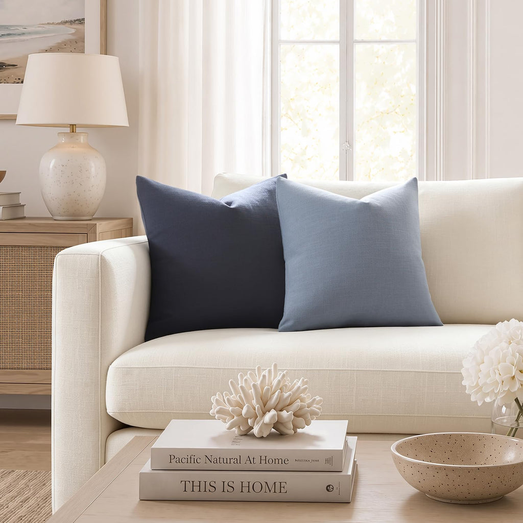 Linen Blend Throw Pillow Covers 20x20 Set of 2, Dusty Blue