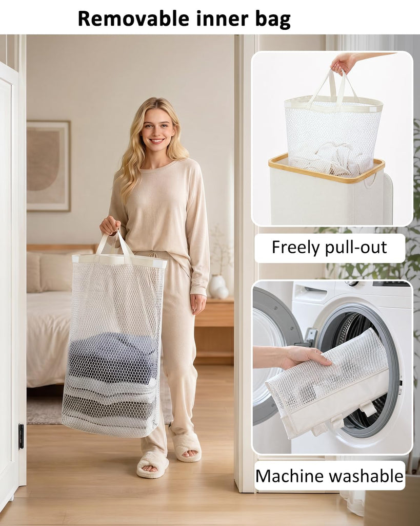 Laundry Hamper with Lid,110L Laundry Basket with Mesh Bags,Beige