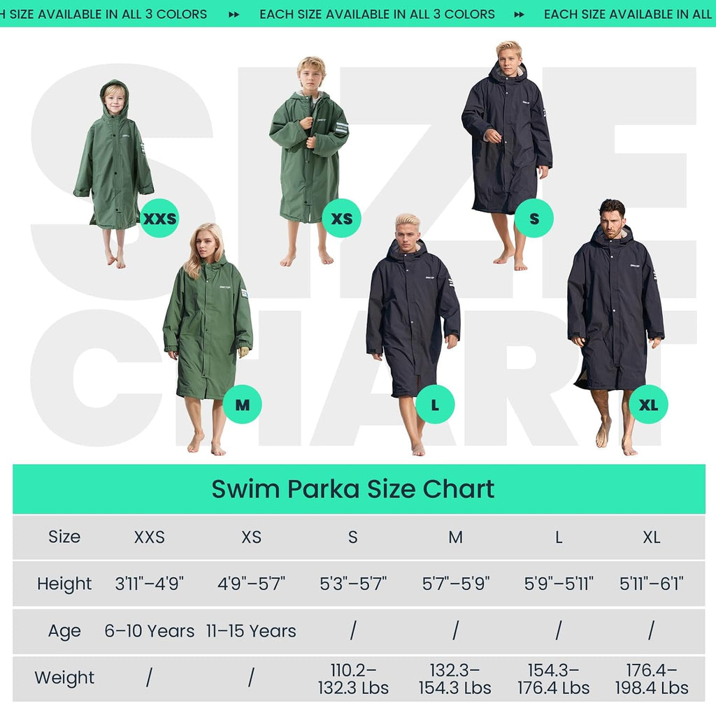 Waterproof Swim Parka for Kids Youths and Adults - Unisex Hooded Surf Poncho, Oversized High-Low Hem Windproof