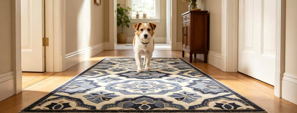 Vintage Moroccan Trellis Runner Rug, Non-Slip Low Pile Blue and White Boho Medallion Hallway Carpet, Machine