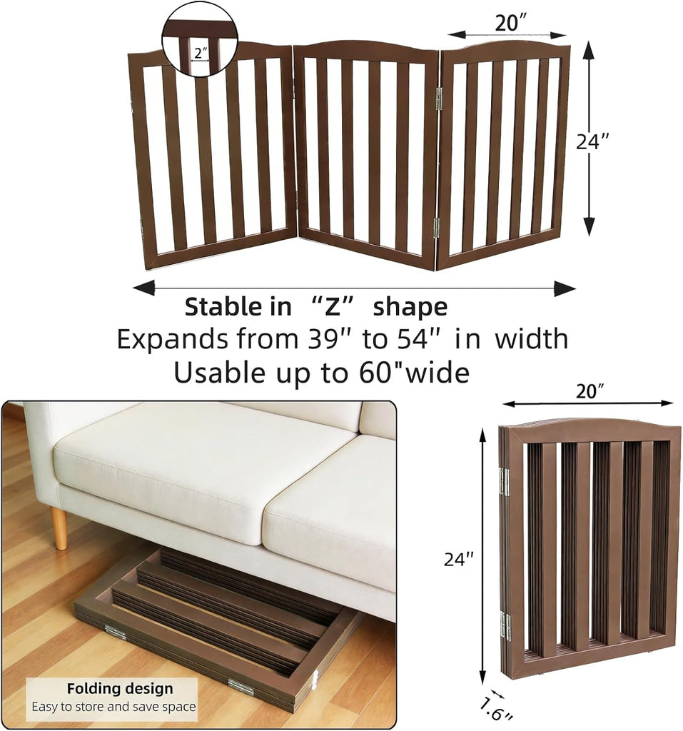 Freestanding Dog Gate Indoor, Doggie Gate Foldable Pet Gates for Doorways, Stairs or Hallways, Wooden Brown Pet Gate