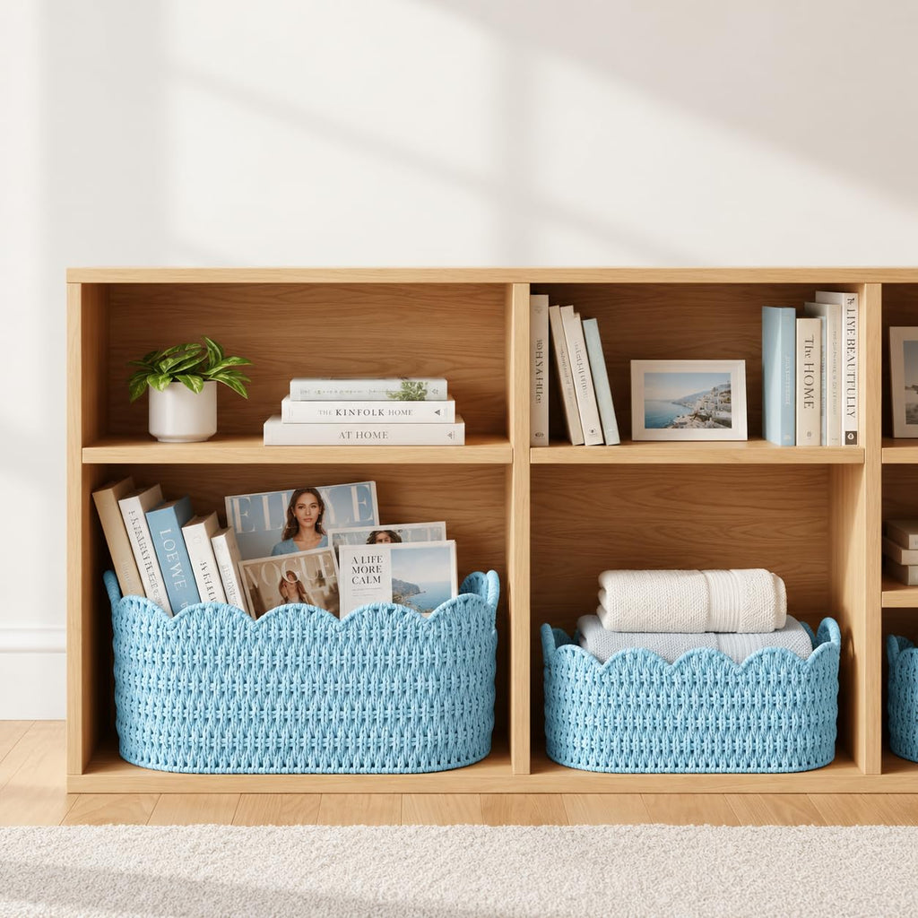 Set of 2 Paper Rope Scalloped Baskets, Small Wicker Baskets for Gifts, Blue