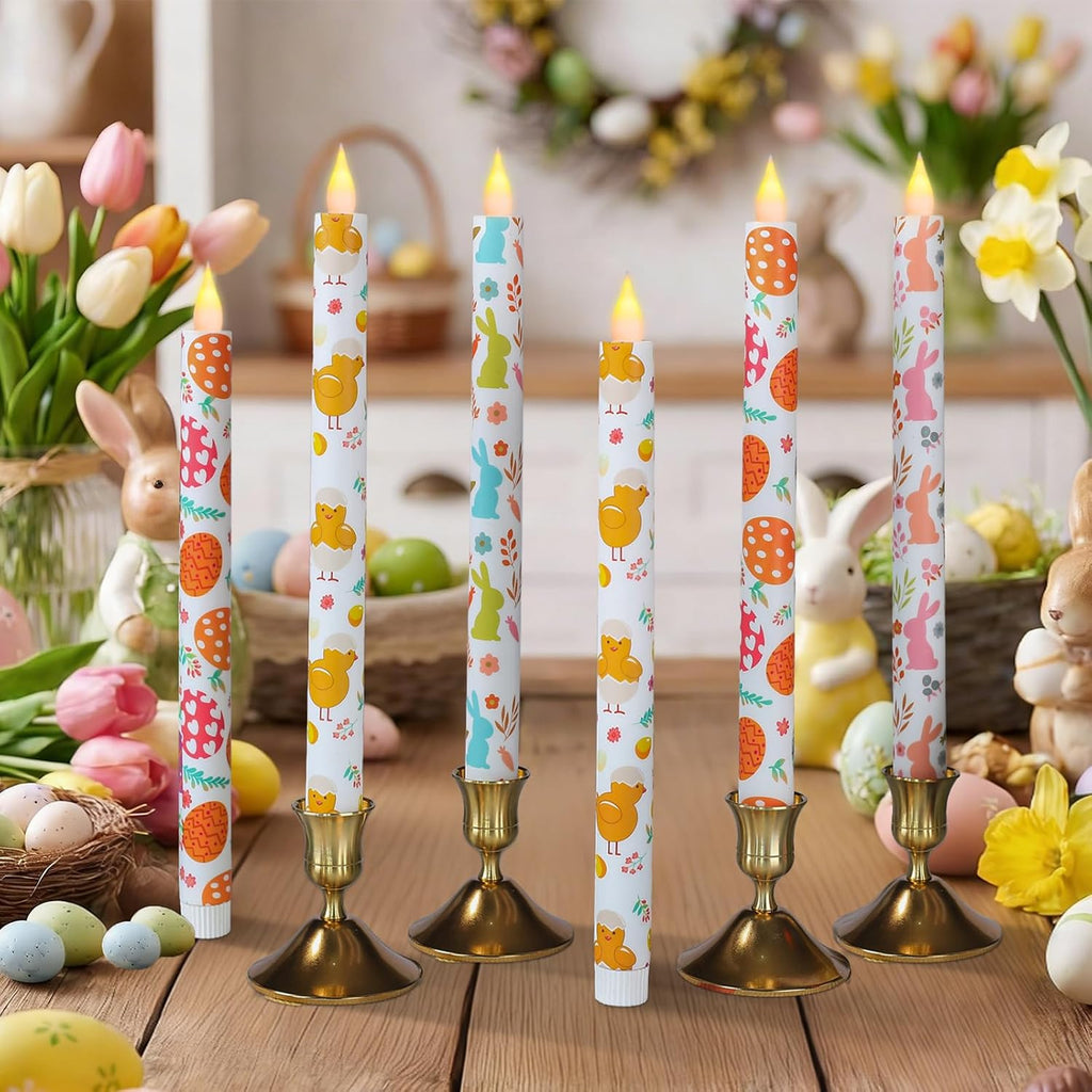 Easter Taper Candles - 10.6" Battery Operated Flameless LED Candles with Bunny, Chick & Egg Patterns, Flickering - Set of 6
