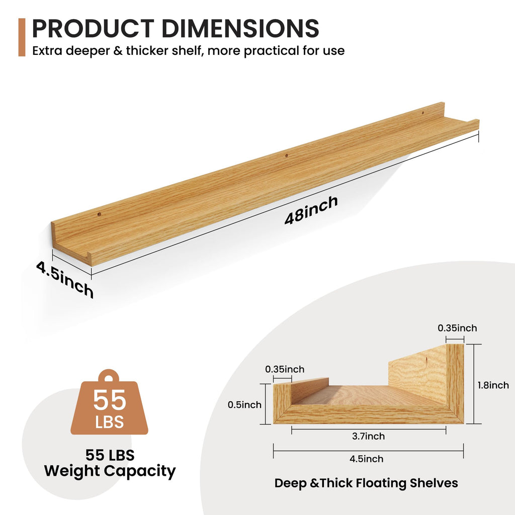 Picture Ledge Shelves Set of 2, 48 Inch Rustic Wall Mounted Floating Shelves with Lip Storage and Décor, Oak