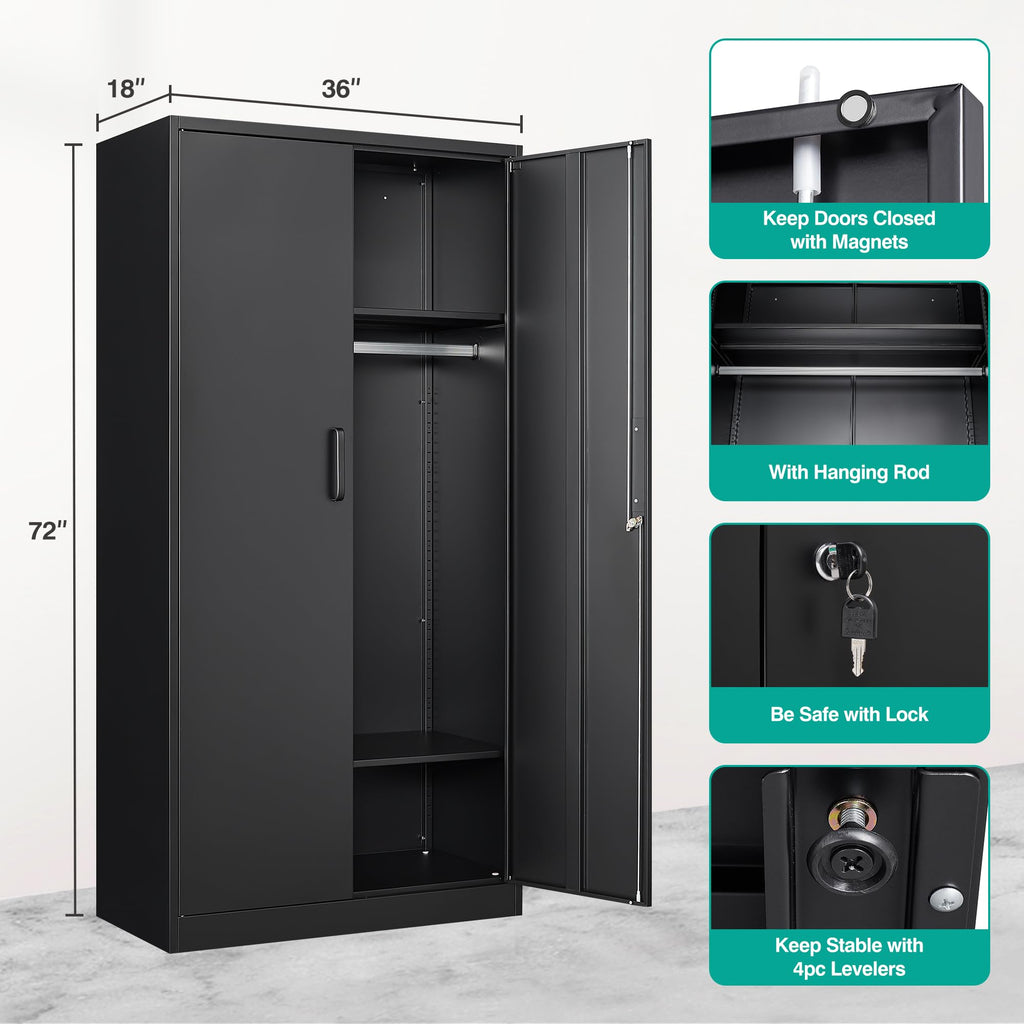 Metal Wardrobe Cabinet with Hanging Rod & Lock, Black Armoire Wardrobe Closet, Metal Clothing Storage Cabinet with