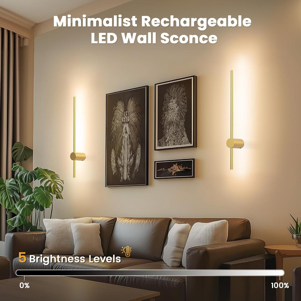 24 Inch Battery Operated Wall Sconce Set of 2,Gold Minimalist Rechargeable LED Wall Lights with Remote, 10 Colors