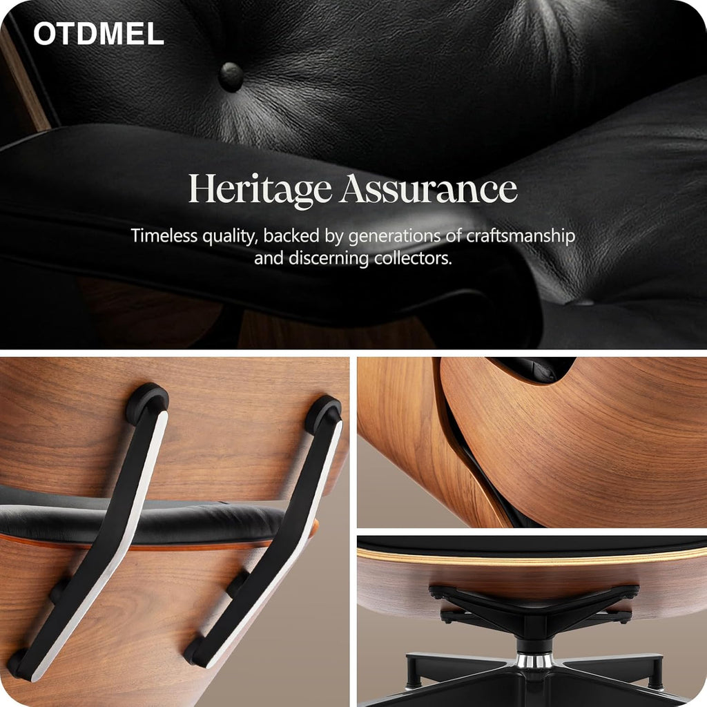 Mid-Century Modern Lounge Chair & Ottoman — Black Top-Grain Leather, Walnut Base, Extended Chaise