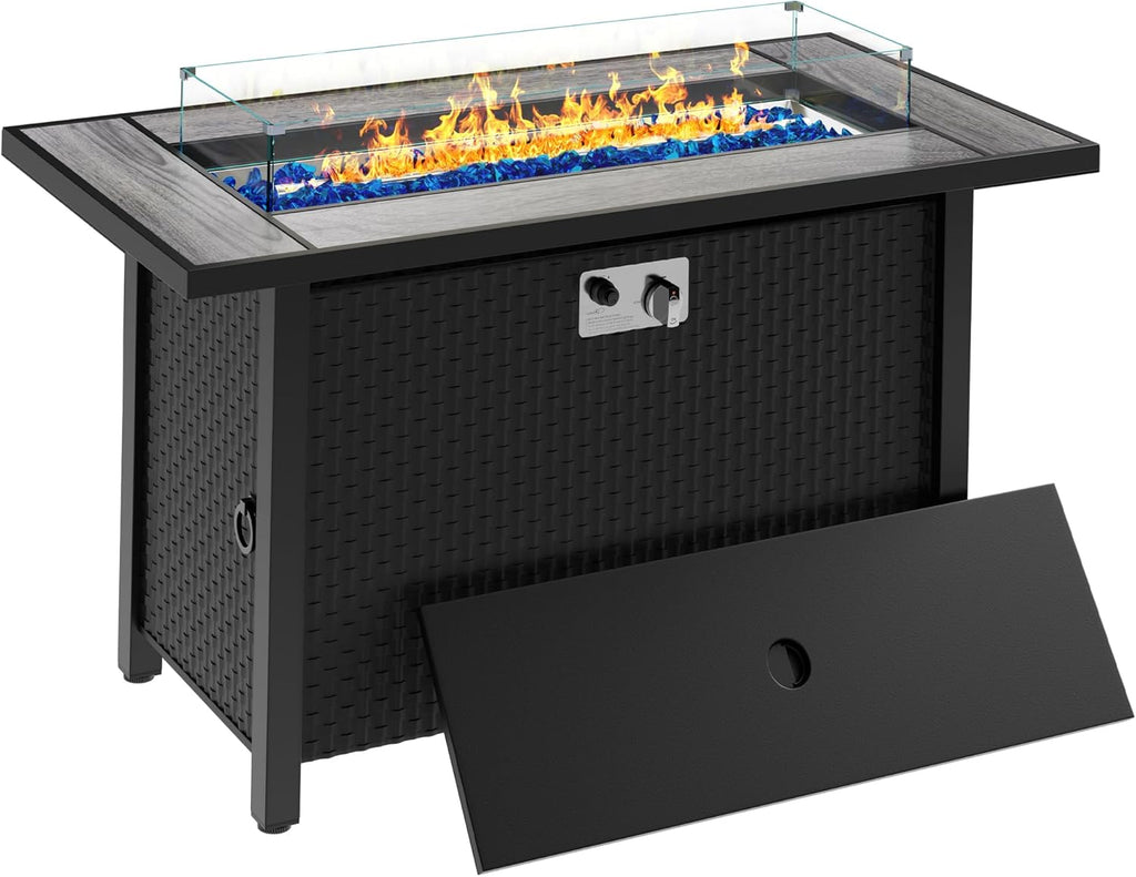 45in Fire Table, Propane Fire Pit with Glass Wind Guard and Rain Cover, Outdoor Firepit Table 50000 BTU 3-in-1 Fire Table for Patio/Yard/Balcony