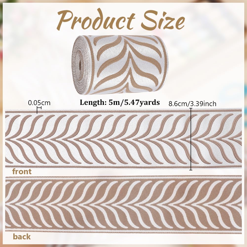 5M Jacquard Ribbon Trim 3.4 Inch Leaf Striped Jacquard Polyester Ribbons Camel Leaf Jacquard Woven - 5.5 Yards