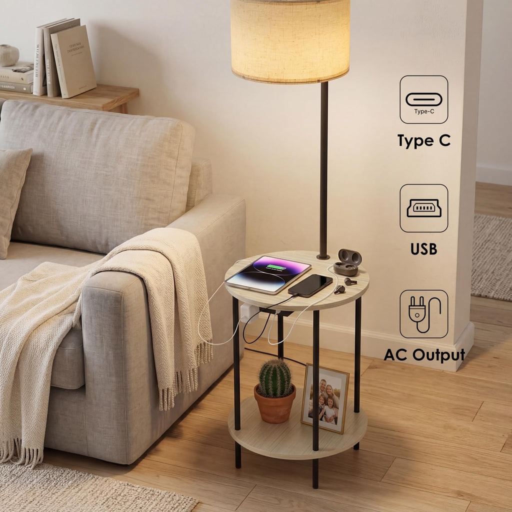 Floor Lamp with Table, USB/Type-C/AC Charging Ports, 9W LED Bulb, Round Table & Nightstand (Light Off-White)