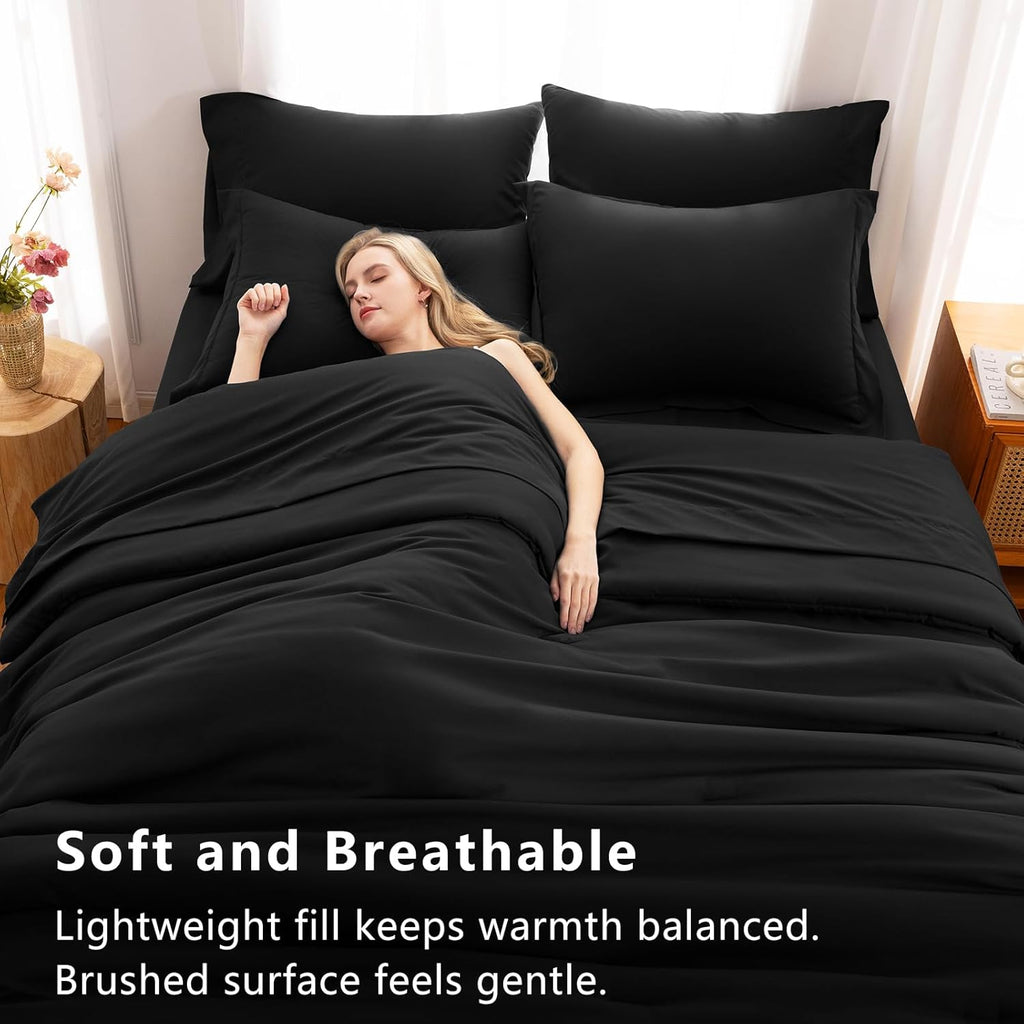 Queen Comforter Set Black, 7 Pieces Bed in a Bag Soft Bedding Comforter Set with Sheets