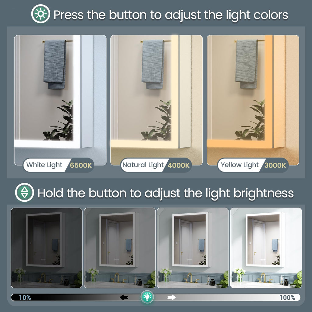 24x30 Inch Lighted Medicine Cabinet with Mirror, AL Alloy Frame, Plug-in or Hardwired, Recessed or Surface Mount, 3