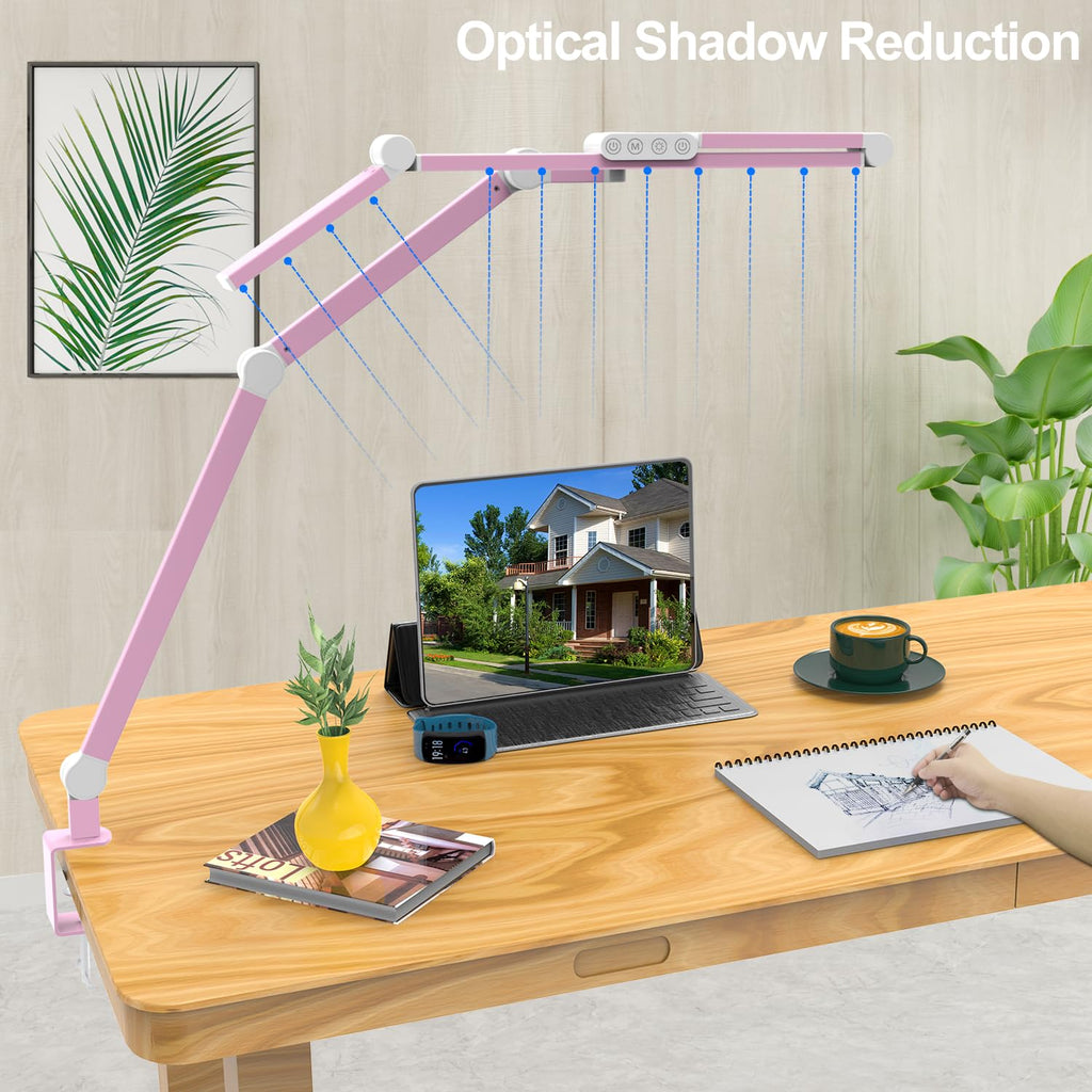 Architect Desk Lamp, Pink Desk Lamp with Clamp for Working, 24W Bright Rotatable Led Table Light Stepless Dimming