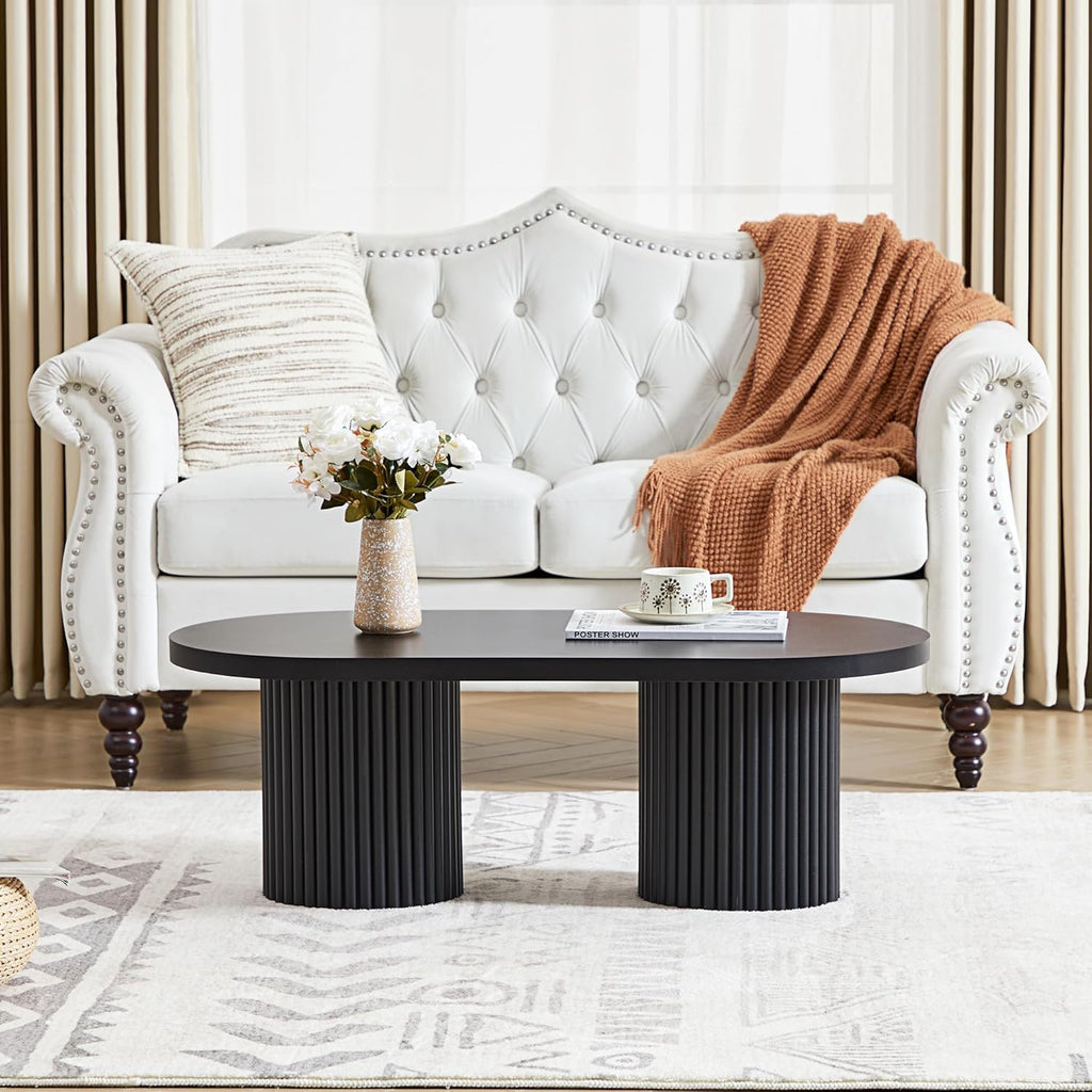 Small Fluted Coffee Table, Farmhouse Oval Wood Coffee Table, Black
