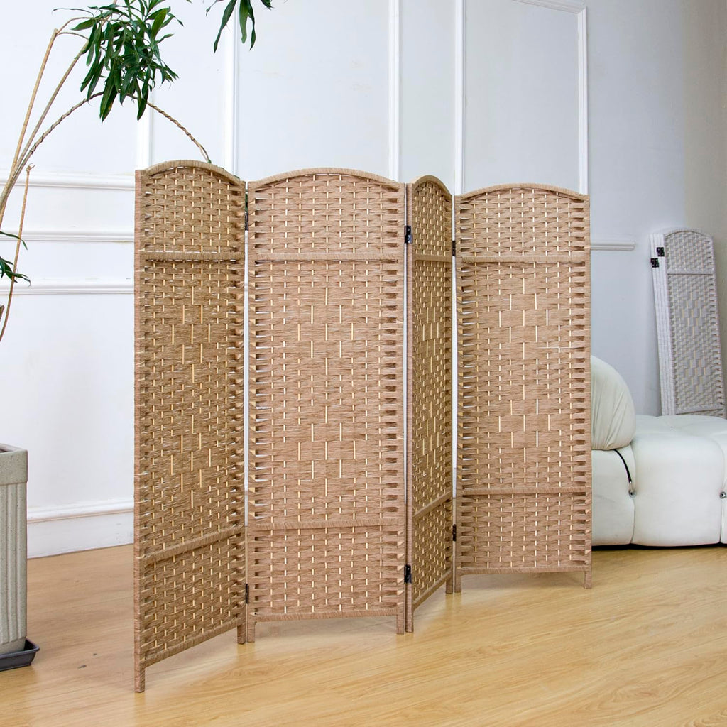 4 Panel Rattan Divider Short Room Partition Screen, Double Sided Folding Divider for Room Separation, Light Brown, 47.2"