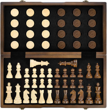 Magnetic Wooden Chess and Checkers Game Set, 15 Inches (2 in 1) Chess Board Games, 2 Extra Queens - Gift Package