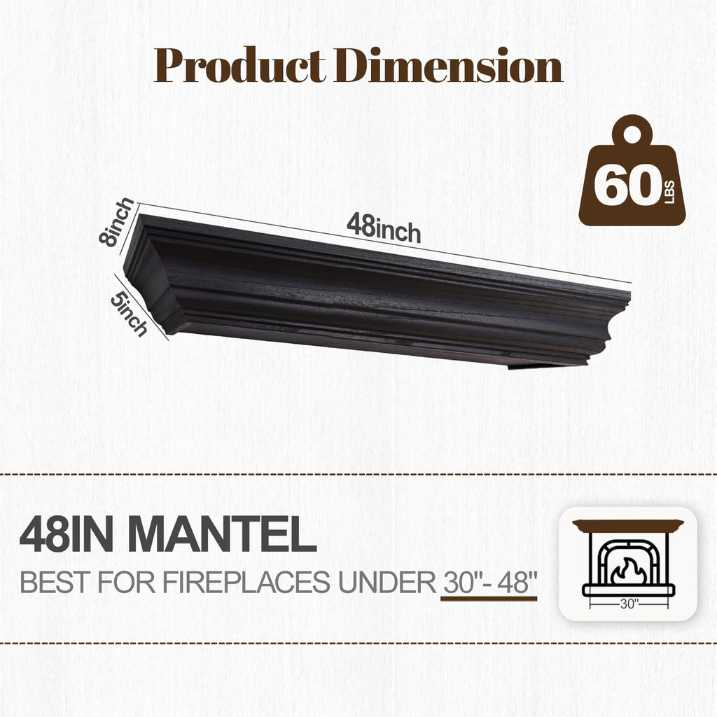 Rustic Fireplace Mantel 48", Solid Wood Floating Shelf, Black