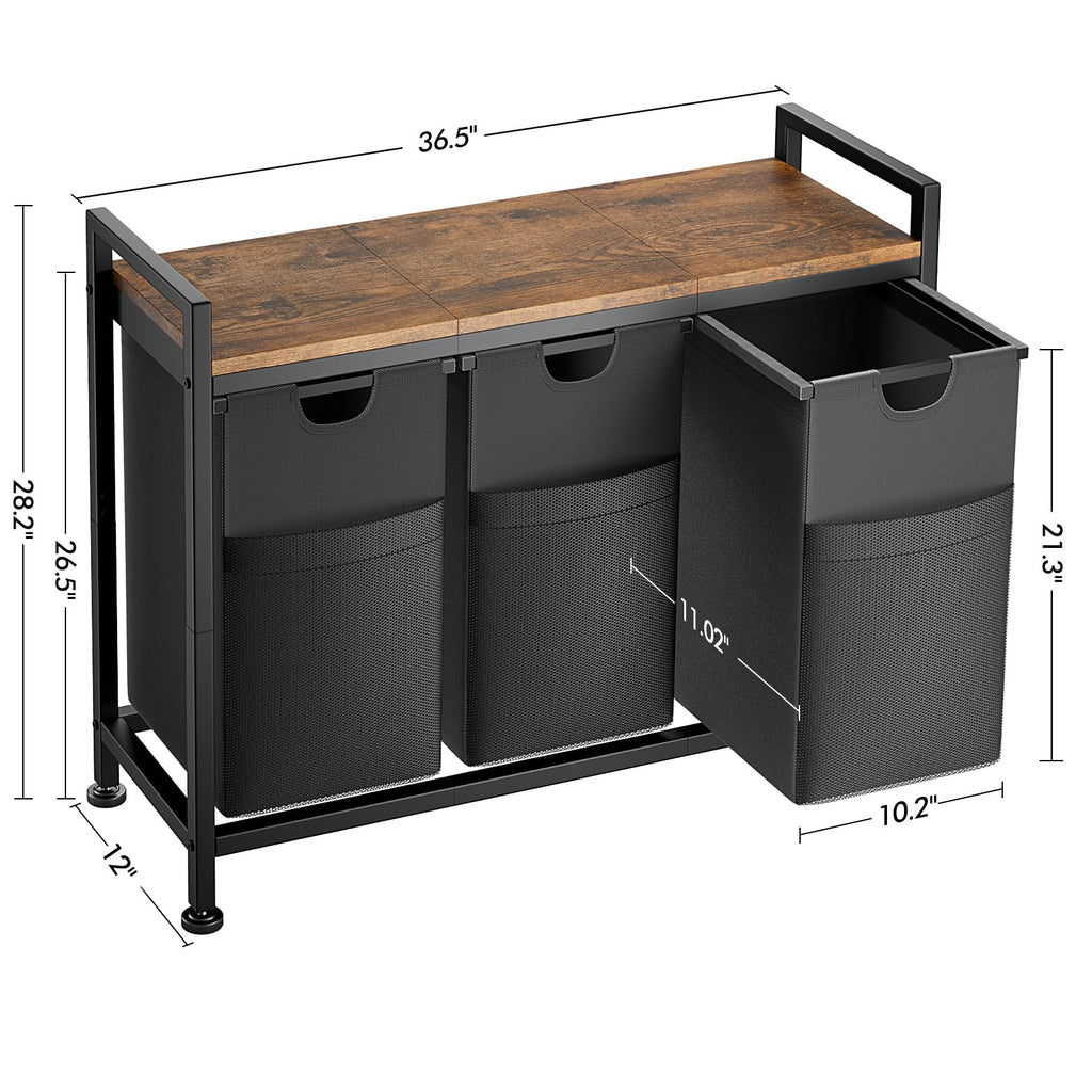 Laundry Hamper, Laundry Basket Organizer with 3 Pull-Out Removable Bags & Large Top Shelf, 3 × 12.5 Gal (142L)