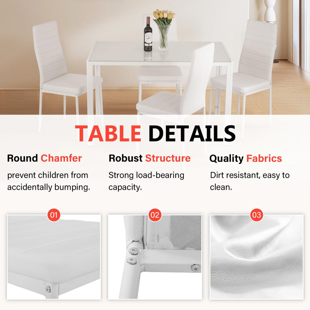 5-Piece Dining Table Set | White | Glass Kitchen Table