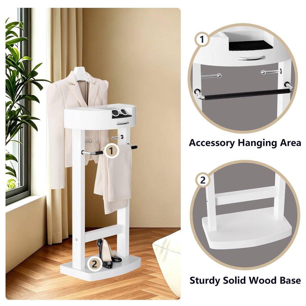 Freestanding Solid Wood Suit Valet Stand with Tie Bar, Suit Stand for men