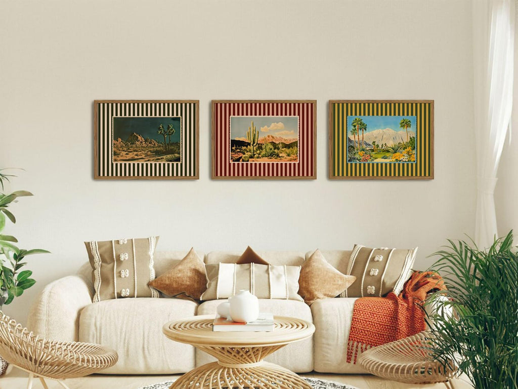 Framed Vintage Western Nature Landscape Wall Art Set of 3, Striped Postcards Southwest Desert Cactus Pictures Wall