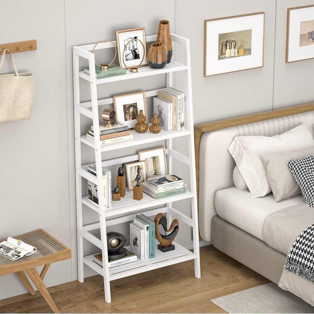 White Ladder Shelf, Bamboo 4-Tier Bookshelf & Bookcase Organizer