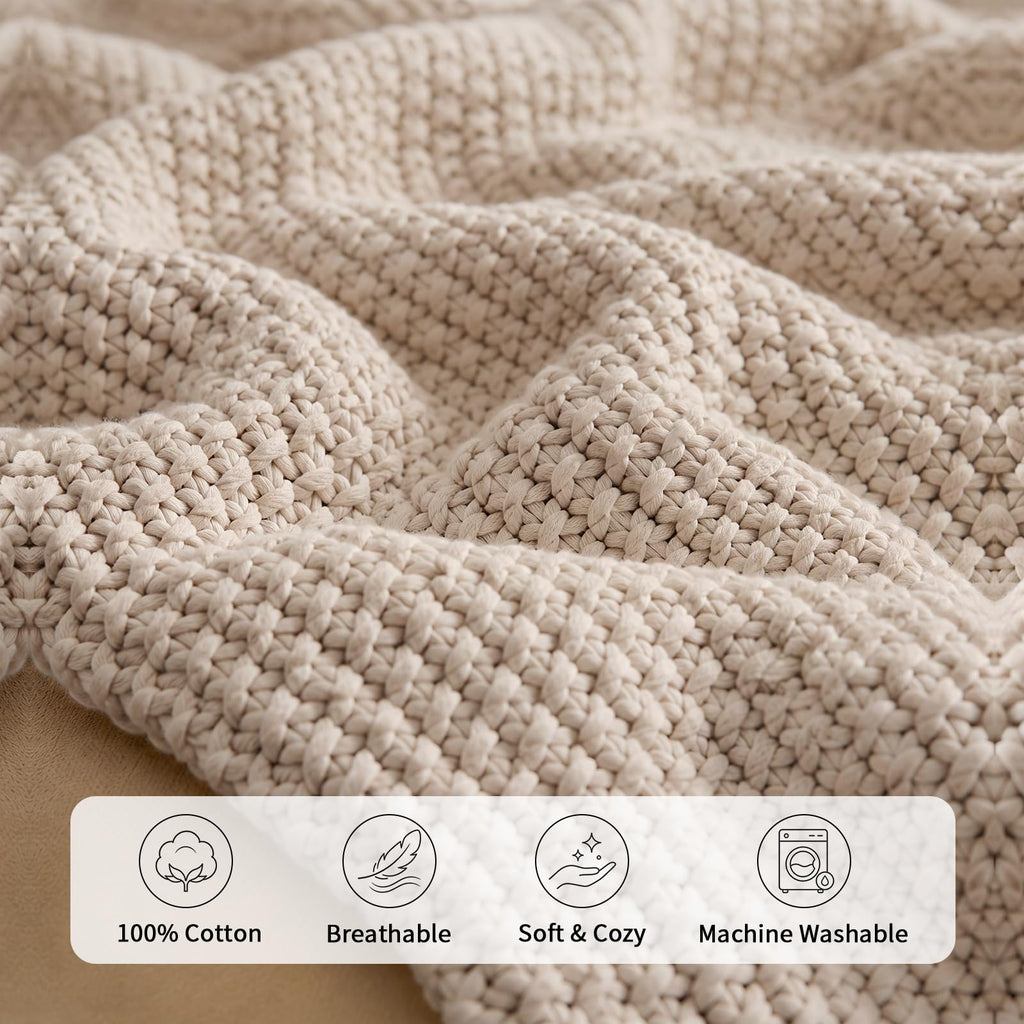 Chunky Cable Knit Throw Blanket Lightweight Beige 100% Organic Cotton Blanket for Sofa Couch Bed Baby Nursery, Rustic