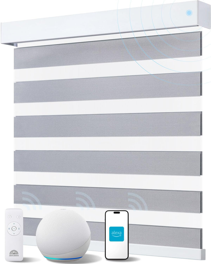 Smart Zebra Blinds for Windows, Alexa Motorized Blinds with  - Gray Fabric & White Shell