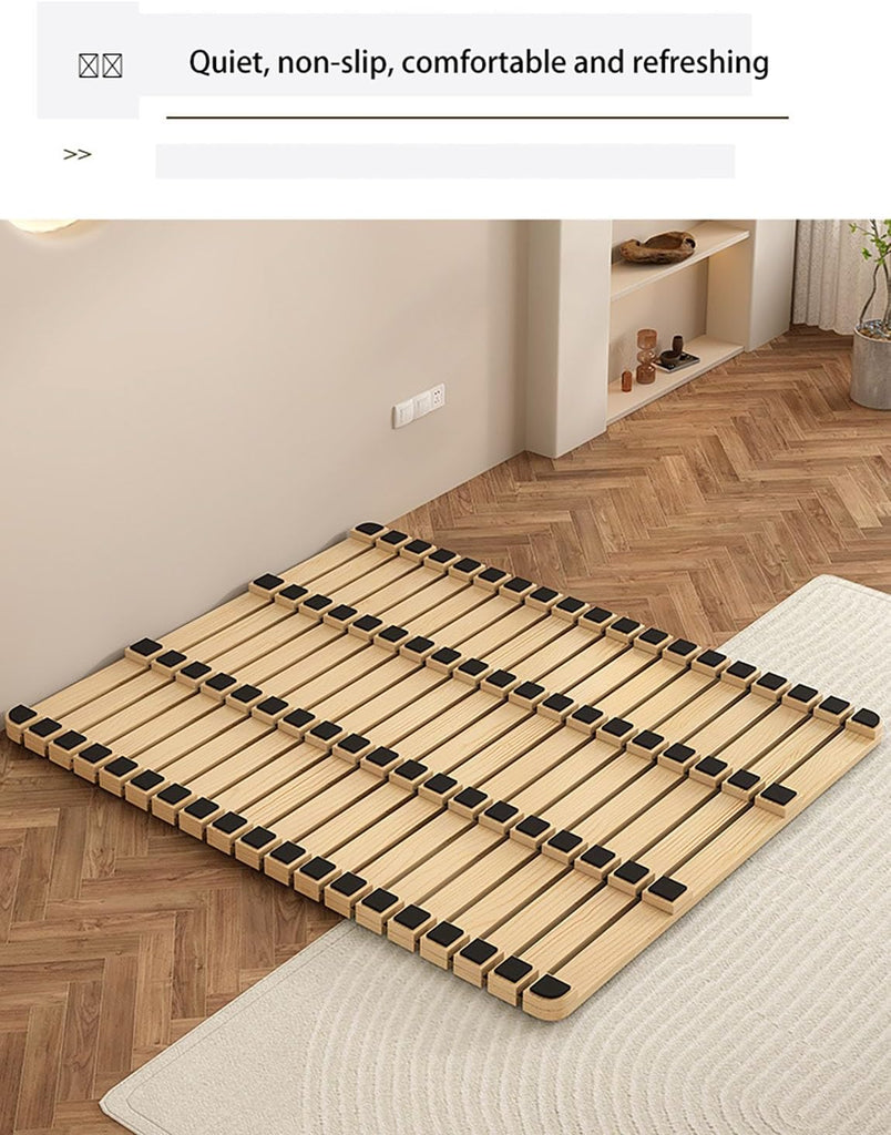Folding Wooden Bed Frame, Floor Platform Bed with Roll-Up Slatted Base, Natural Solid Wood Tatami Futon Frame