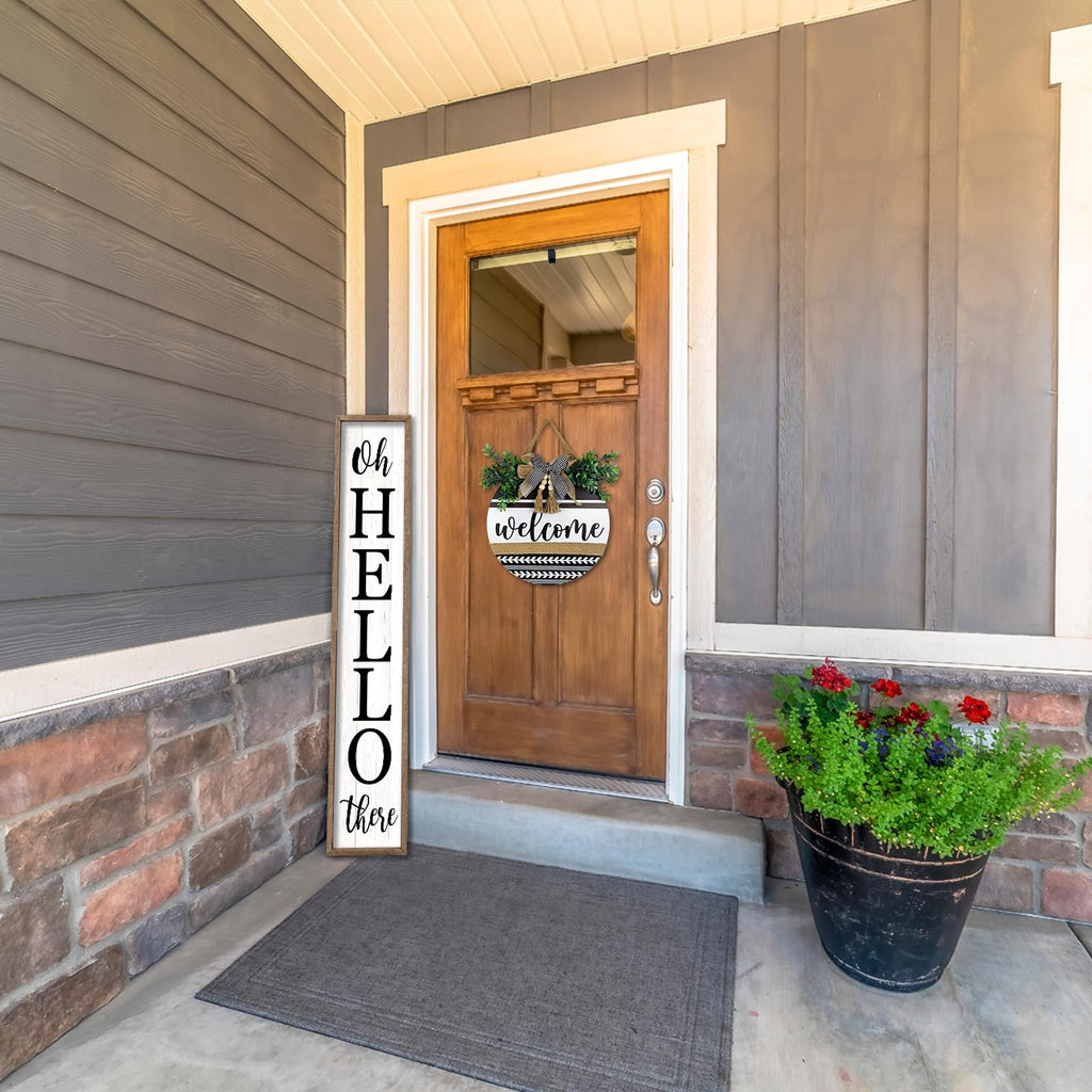Oh Hello There Welcome Sign For Front Porch Standing 45"X9" Tall Wood Frame Outdoor Vertical Decor for Farmhouse