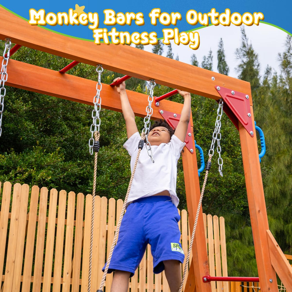 Playground Cedar Wooden Swing Sets for Backyard with Monkey Bar
