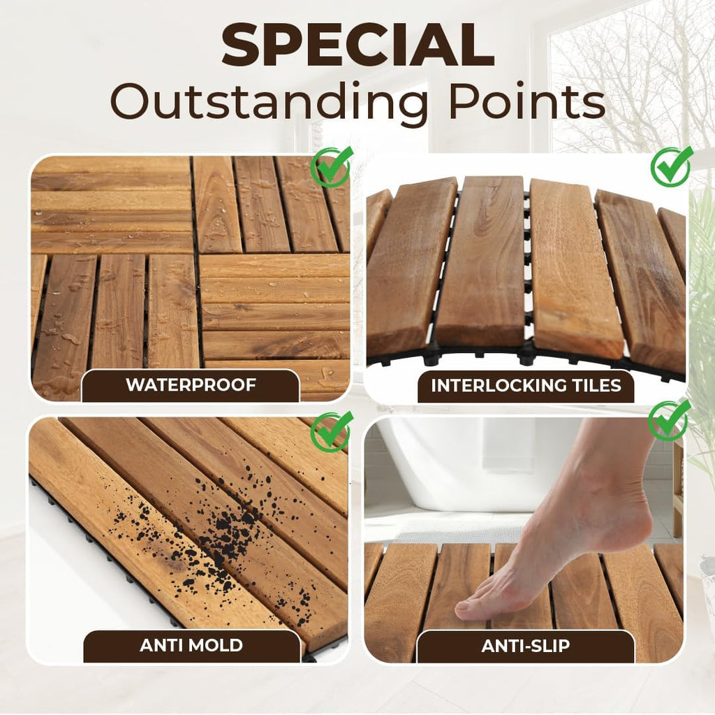 Pack of 10 Deck Tiles - 12"x12" Interlocking Natural Solid Acacia Wood for Outdoor & Indoor, Patio Garden, Balcony