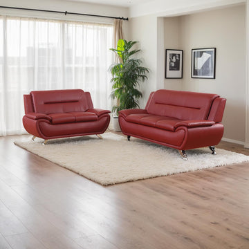 Living Room Furniture Set, Faux Leather Couch Sets, Modern Couch (Sofa and Loveseat, Red)